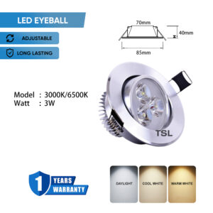 3W 2½'' Aluminium LED Eyeball Recessed Ceiling Spotlight Cabinet Light
