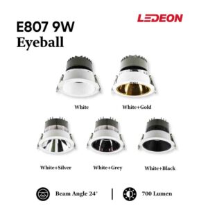 E807 9W ROUND ANTI-GLARE RECESSED LED EYEBALL & DOWNLIGHT 4000K - 3000K